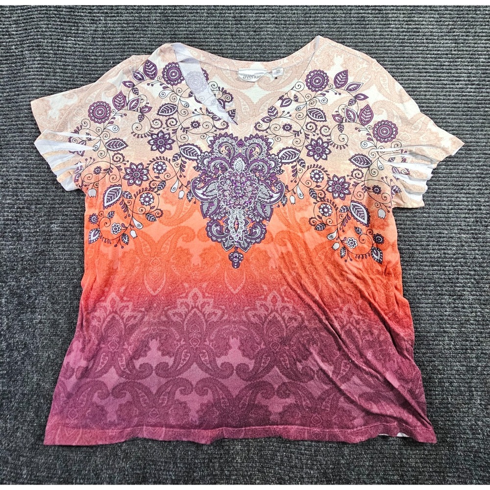 Avenue Womens 22/24 Multicolor Floral Paisley Ombre V-Neck Short Sleeve T-Shirt